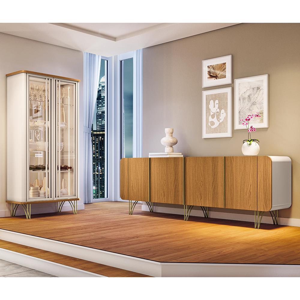 Sala de Jantar com Cristaleira Évora e Balcão Buffet Saluti Off White/Cinamomo - HB Móveis
