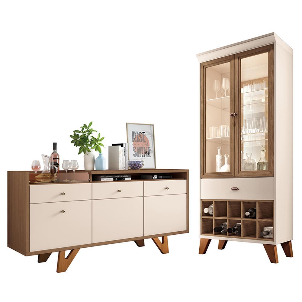 Sala de Jantar com Cristaleira Ópera e Buffet Aparador Sollare Off White/Castanho - HB Móveis