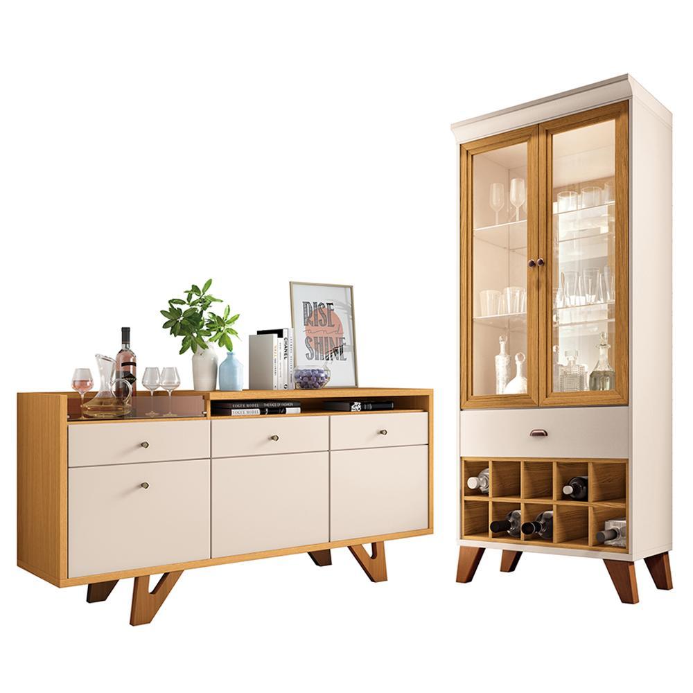 Sala de Jantar com Cristaleira Ópera e Buffet Aparador Sollare Off White/Cinamomo - HB Móveis