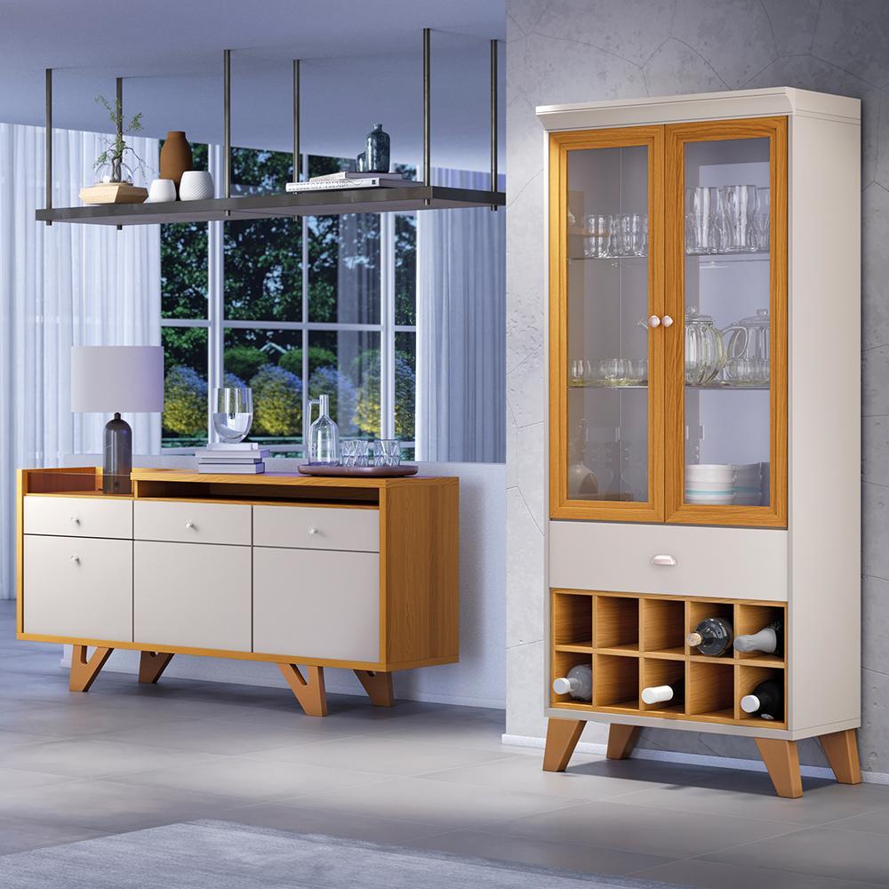 Sala de Jantar com Cristaleira Ópera e Buffet Aparador Sollare Off White/Cinamomo - HB Móveis