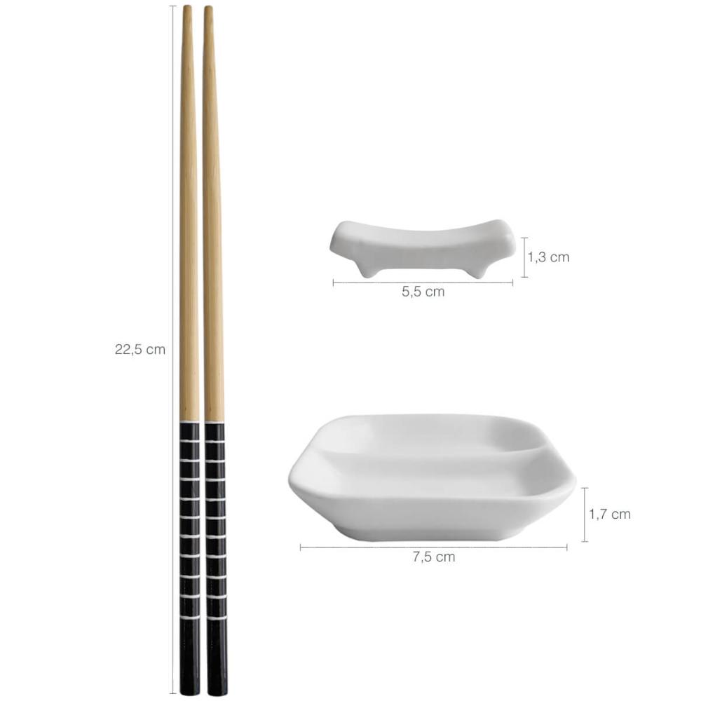 Kit Sushi 2 Pessoas 6 Pçs Hashi Japonês Madeira Molheiras Cerâmica e Apoios de Hashi Nankin Haus