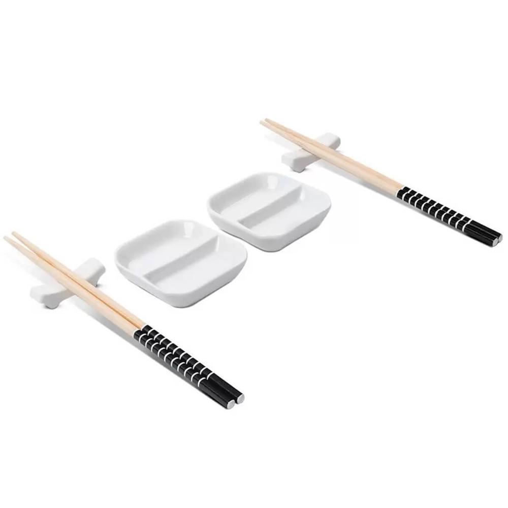 Kit Sushi 2 Pessoas 6 Pçs Hashi Japonês Madeira Molheiras Cerâmica e Apoios de Hashi Nankin Haus