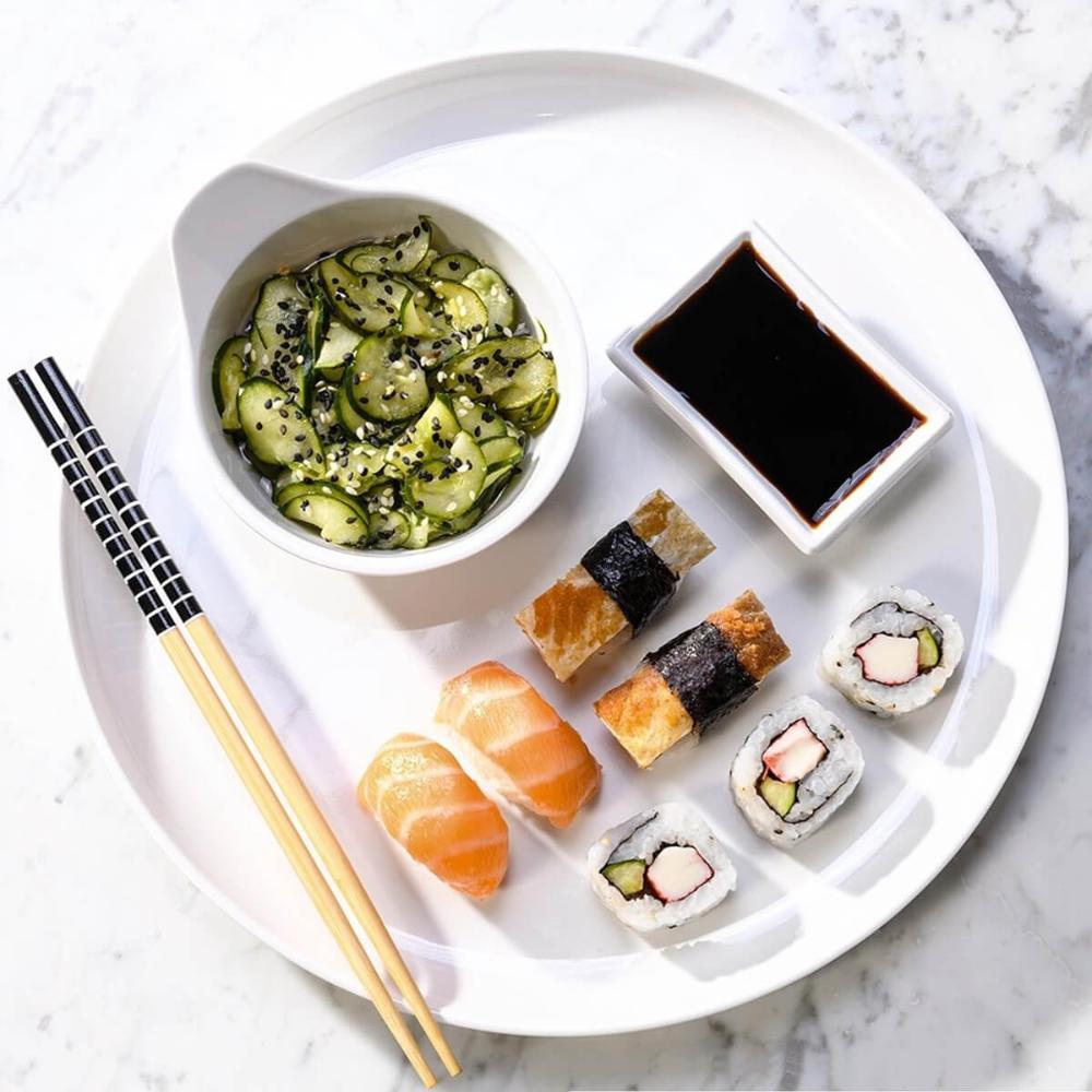 Kit Sushi 2 Pessoas 6 Pçs Hashi Japonês Madeira Molheiras Cerâmica e Apoios de Hashi Nankin Haus