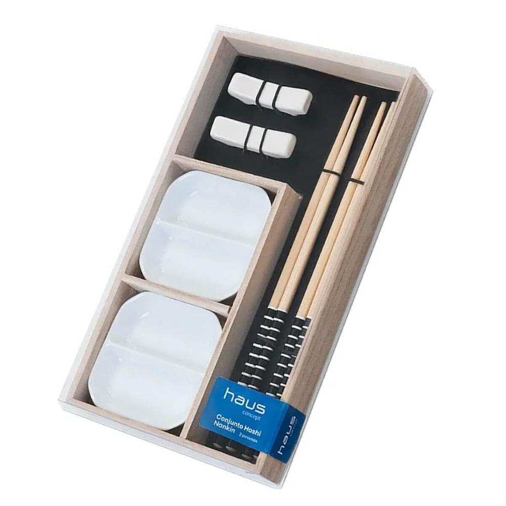 Kit Sushi 2 Pessoas 6 Pçs Hashi Japonês Madeira Molheiras Cerâmica e Apoios de Hashi Nankin Haus