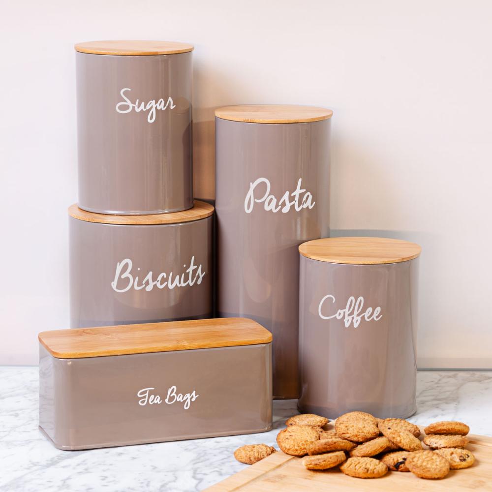 Lata Porta Condimentos Sugar Pote Para Açúcar Aço e Bambu Haus Concept Warm Gray