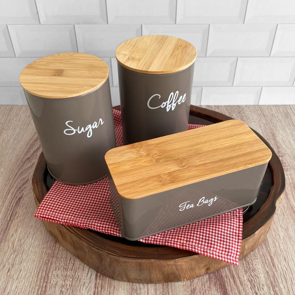 Lata Porta Condimentos Sugar Pote Para Açúcar Aço e Bambu Haus Concept Warm Gray