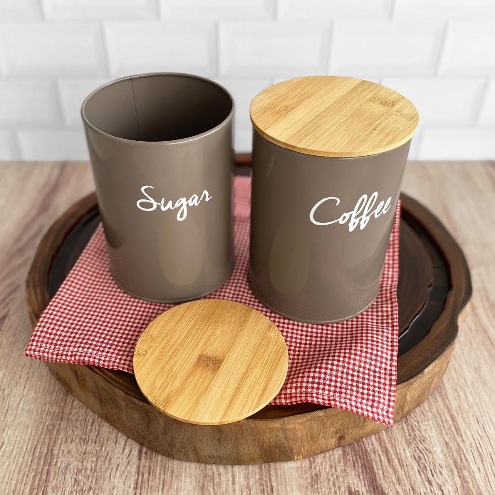Lata Porta Condimentos Sugar Pote Para Açúcar Aço e Bambu Haus Concept Warm Gray