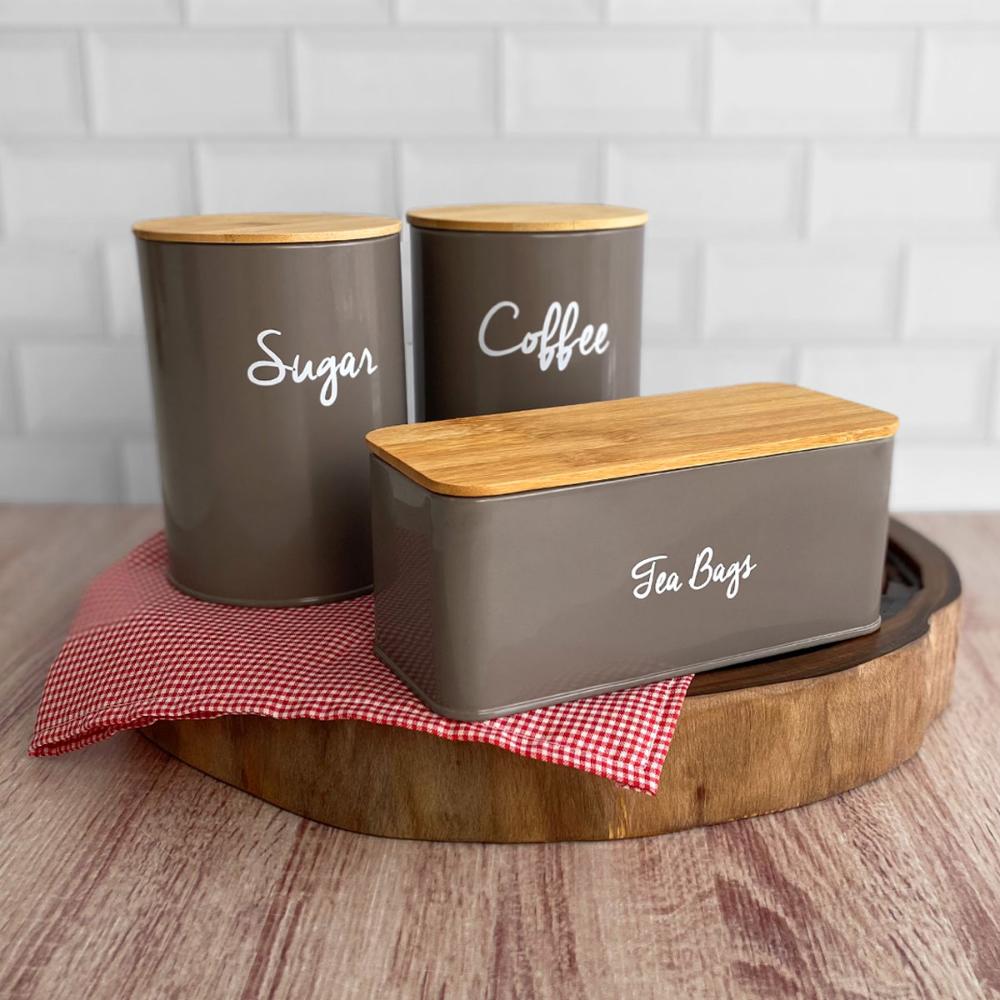 Lata Porta Condimentos Sugar Pote Para Açúcar Aço e Bambu Haus Concept Warm Gray