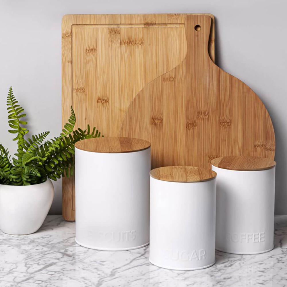 Pote Biscuits Porta Condimentos Lata de Biscoito com Tampa de Bambu Haus Concept Canister Branco