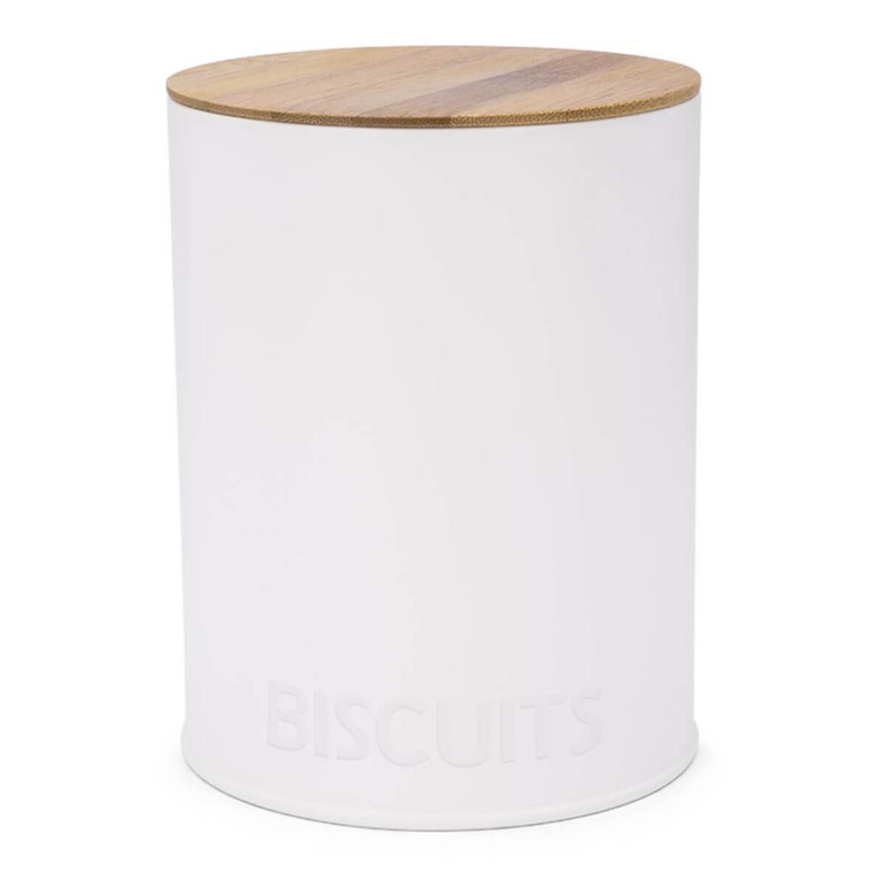 Pote Biscuits Porta Condimentos Lata de Biscoito com Tampa de Bambu Haus Concept Canister Branco