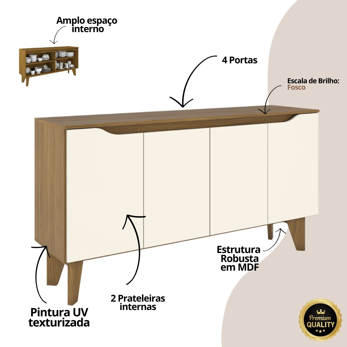 Aparador Buffet 4 Portas Quartzo Nature / Off White