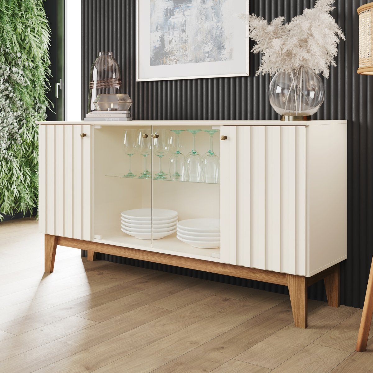 Aparador Buffet 4 Portas Ripado com Vidro Eiffel Off White / Nature