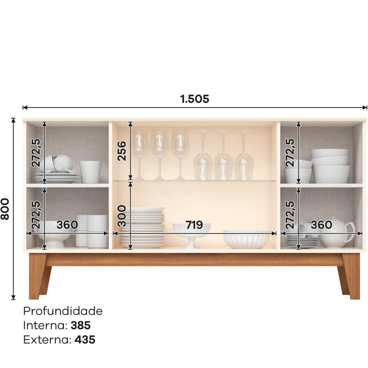 Aparador Buffet 4 Portas Ripado com Vidro Eiffel Off White / Nature
