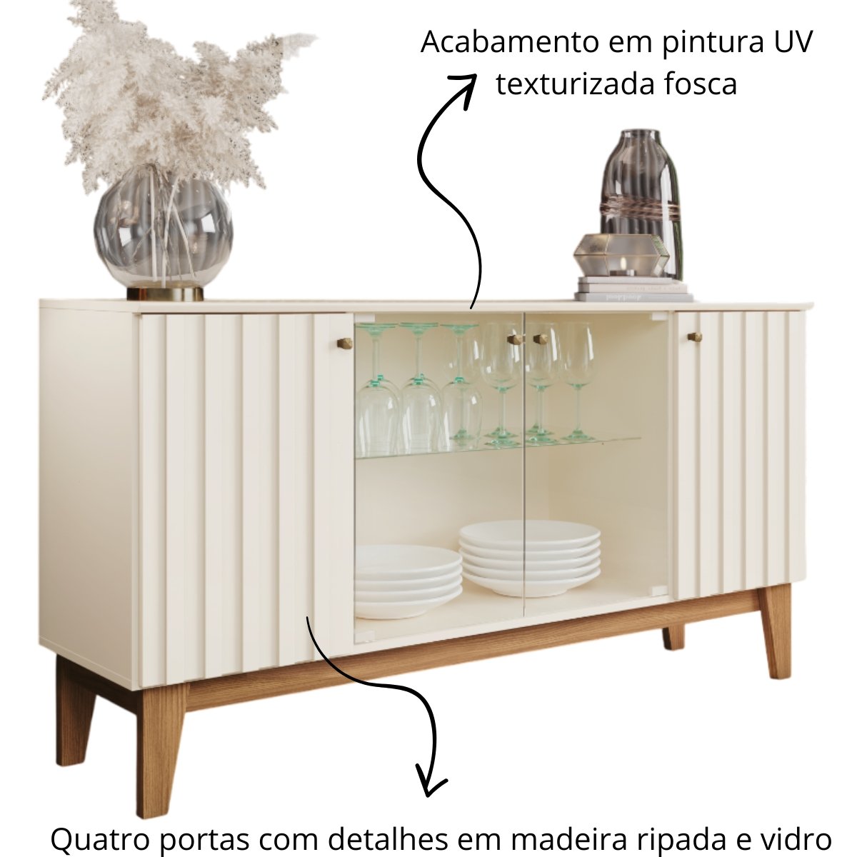Aparador Buffet 4 Portas Ripado com Vidro Eiffel Off White / Nature
