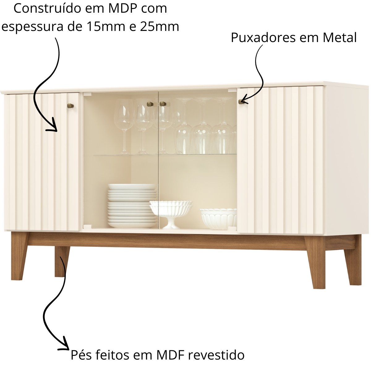 Aparador Buffet 4 Portas Ripado com Vidro Eiffel Off White / Nature