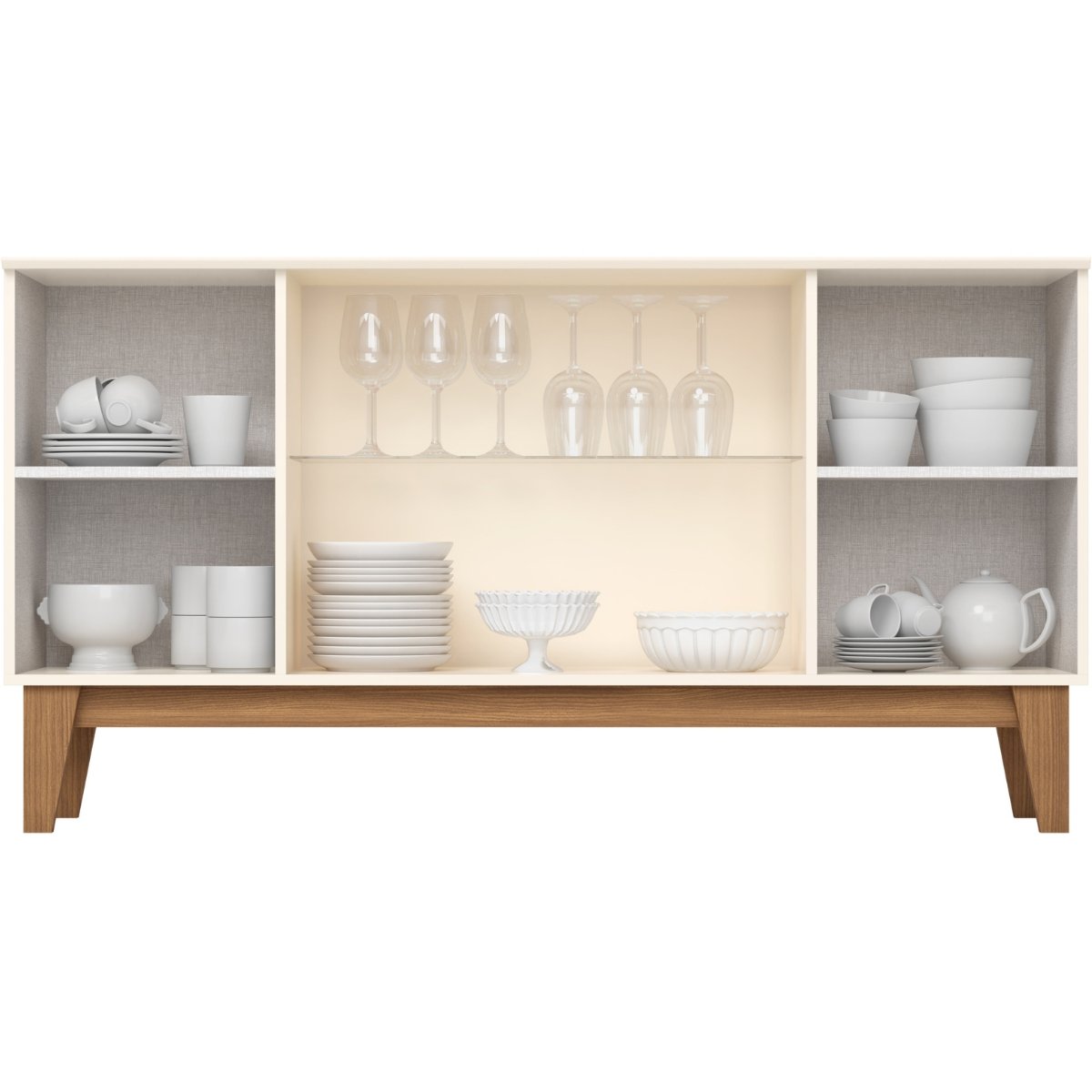 Aparador Buffet 4 Portas Ripado com Vidro Eiffel Off White / Nature