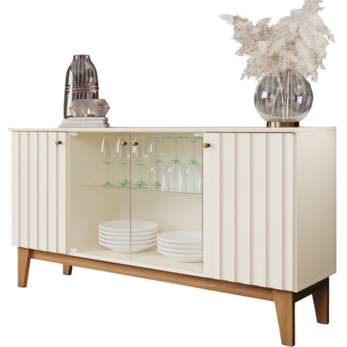 Aparador Buffet 4 Portas Ripado com Vidro Eiffel Off White / Nature
