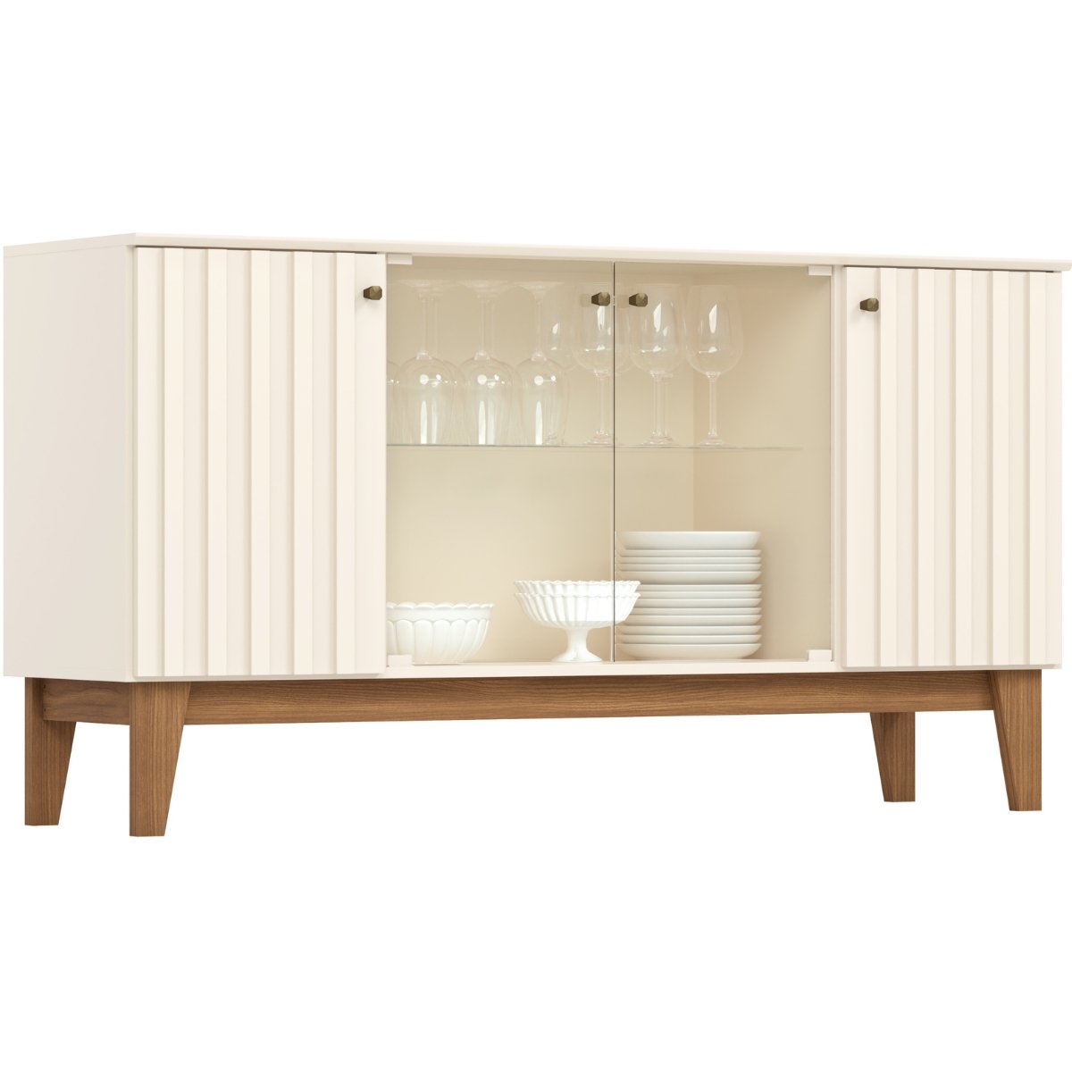Aparador Buffet 4 Portas Ripado com Vidro Eiffel Off White / Nature
