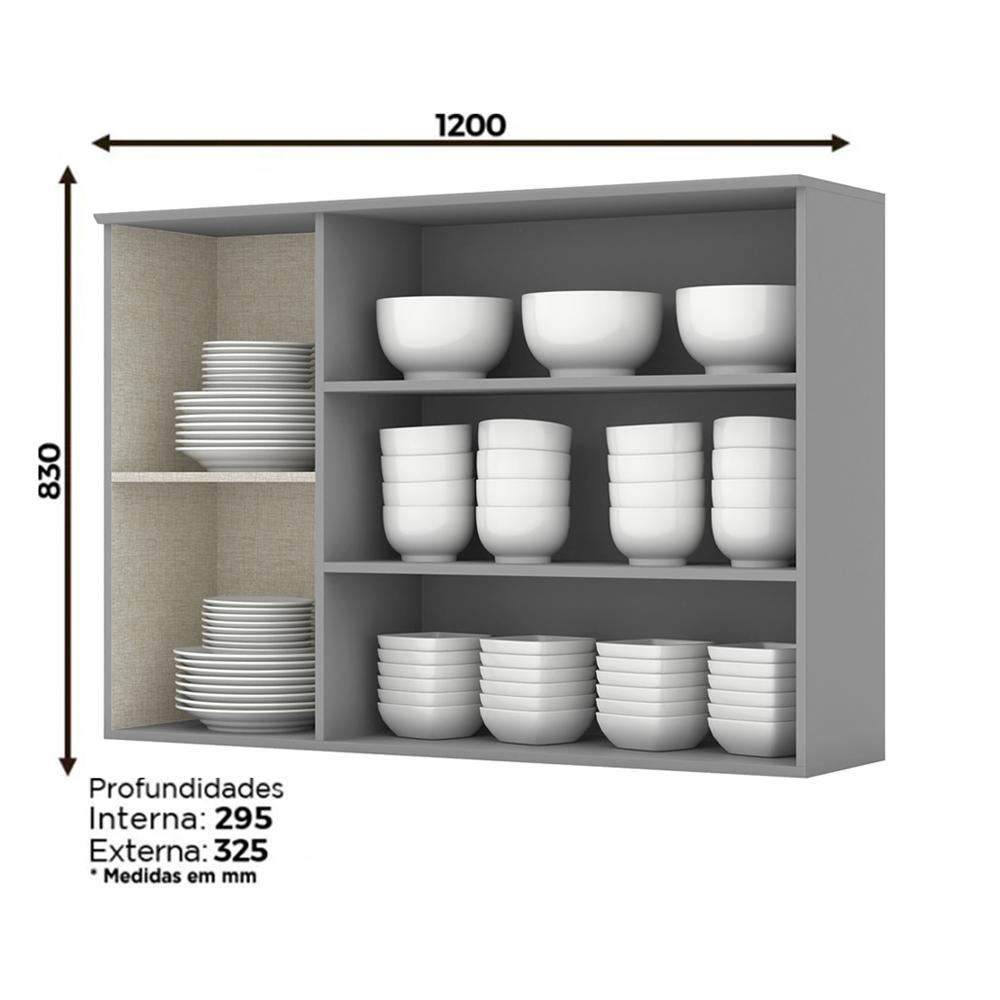 Armário Aéreo 3 Portas de Vidro 120cm Americana Cinza - Móveis Henn