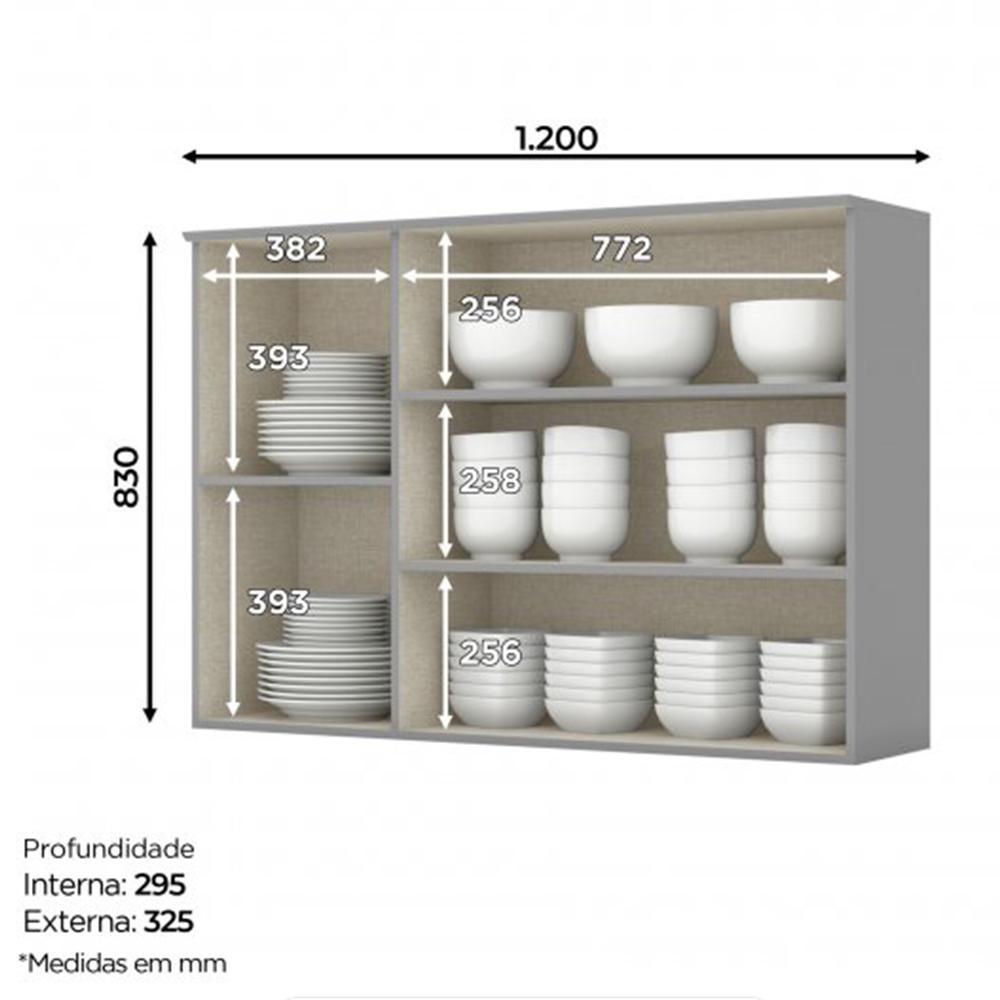 Armário Aéreo 3 portas 120cm Americana Cinza - Móveis Henn