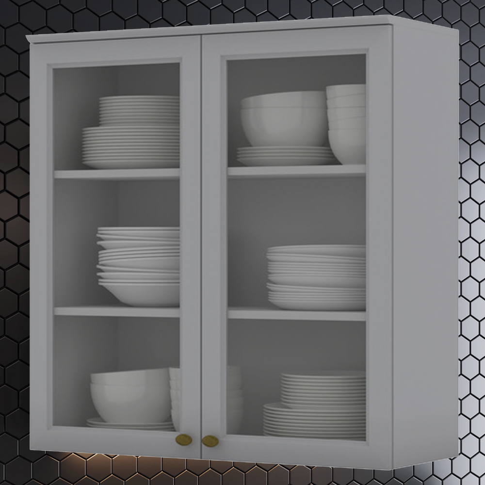 Armario Aereo 2 Portas Vidro MDF 80 cm Americana C366 Cinza Henn