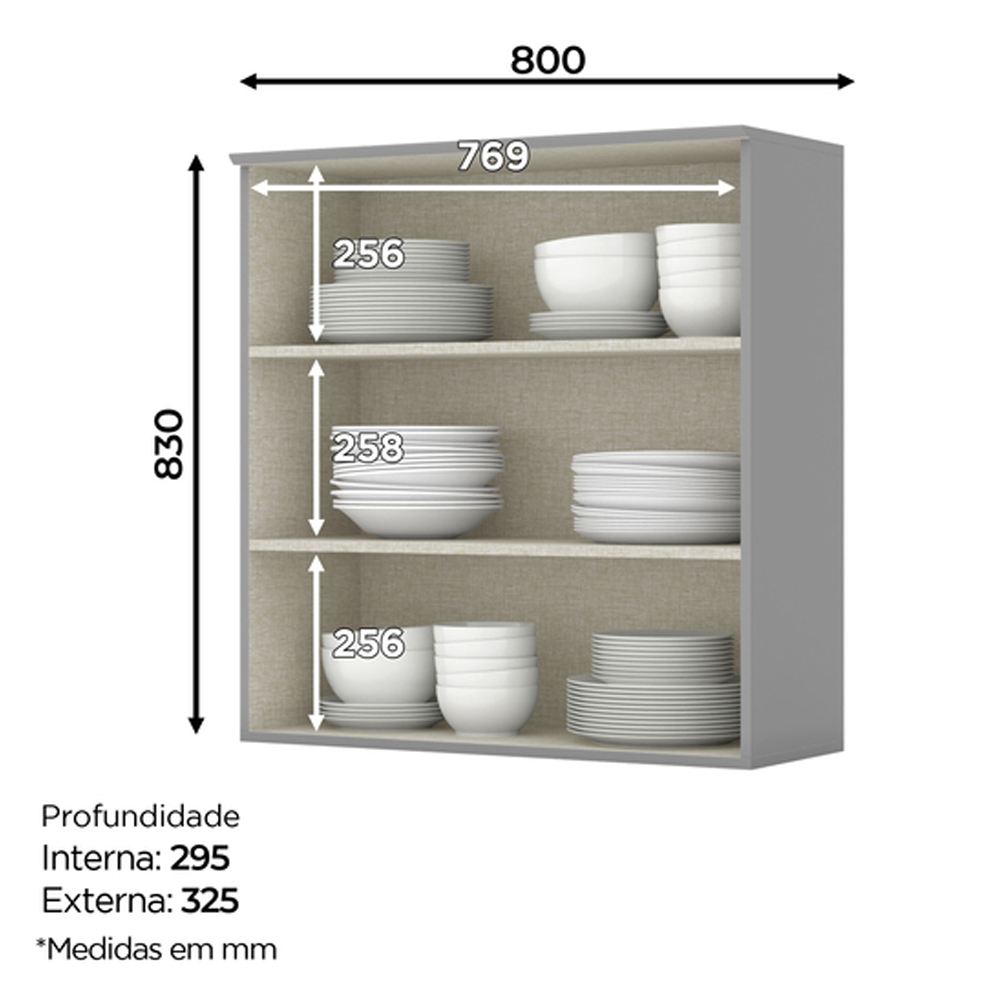 Armario Aereo 2 Portas Vidro MDF 80 cm Americana C366 Cinza Henn