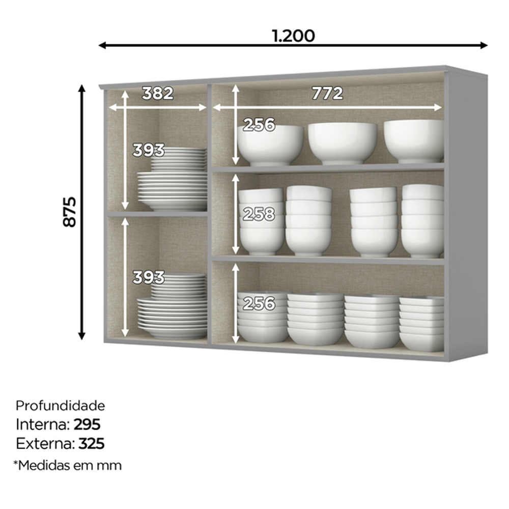 Armario Aereo 3 Portas MDF 120 cm Americana C352 Cinza Henn