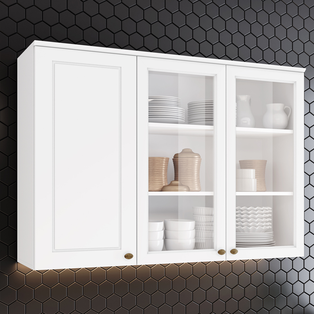 Armario Aereo 3 Portas Vidro MDF 120 cm Americana C363 Branco Henn