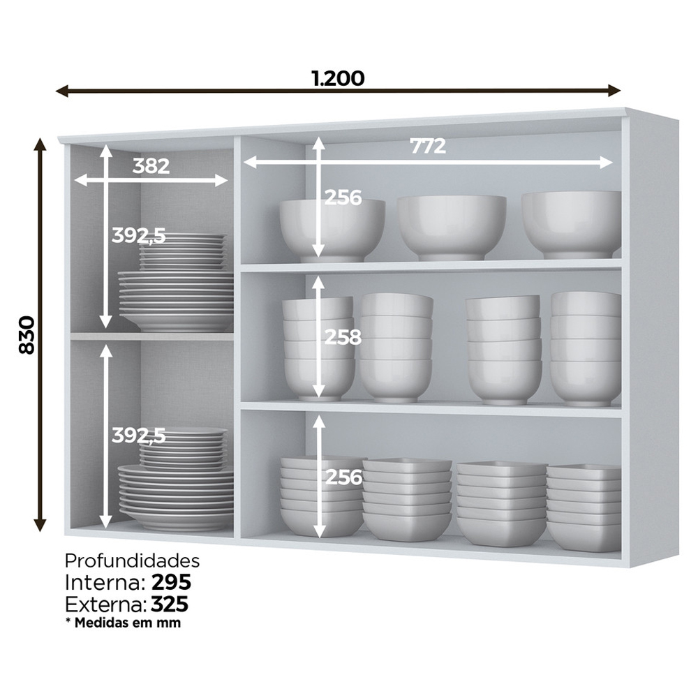 Armario Aereo 3 Portas Vidro MDF 120 cm Americana C363 Branco Henn