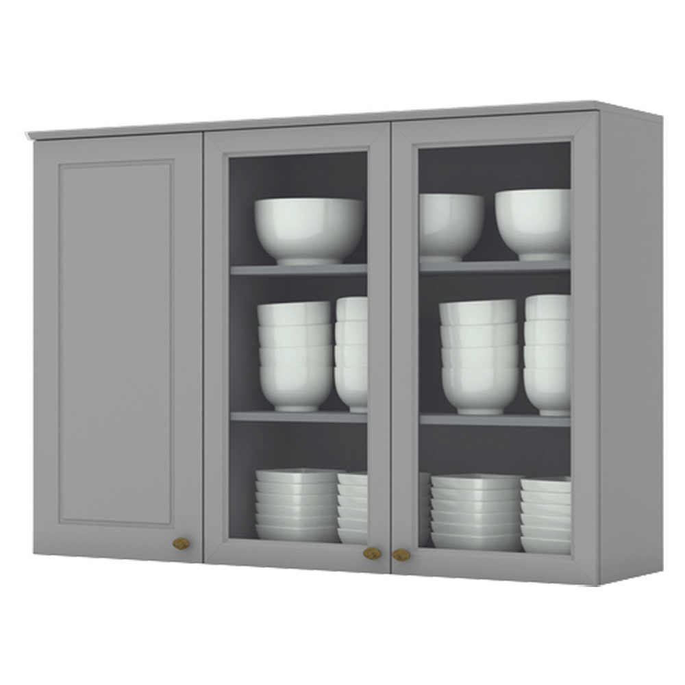 Armario Aereo 3 Portas Vidro MDF 120 cm Americana C363 Cinza Henn