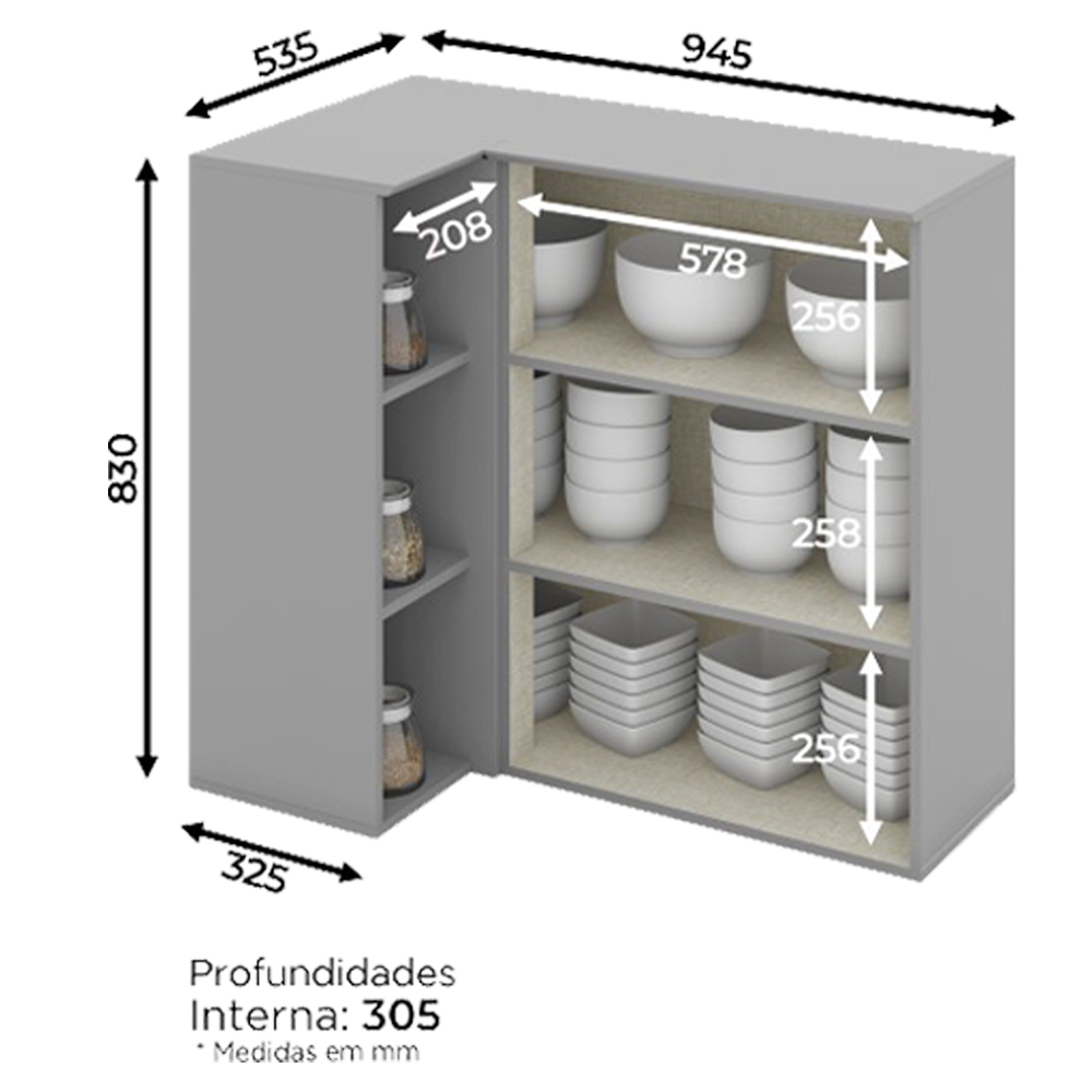 Armario Aereo Canto Reto 1P MDF 94x54 cm Americana C359 Cinza Henn
