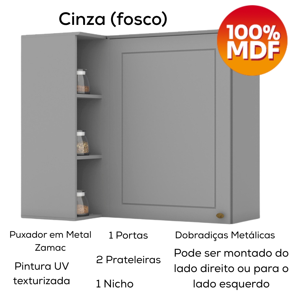 Armario Aereo Canto Reto 1P MDF 94x54 cm Americana C359 Cinza Henn