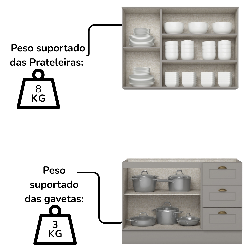 Armario Aereo E Balcao 120 cm CE169 Americana Cinza Calcare Henn