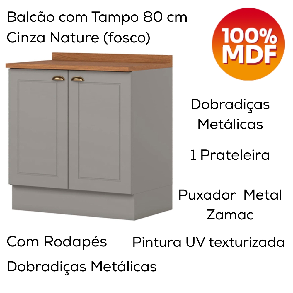 Armario Aereo E Balcao 80cm Americana Cinza Nature Henn