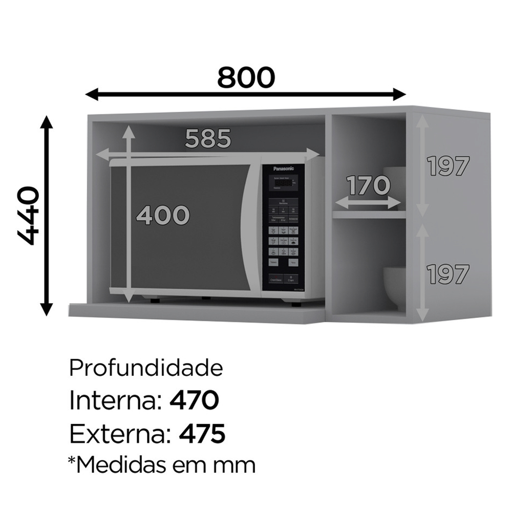 Armario Aereo Para Microondas MDF 80 cm Americana C557 Cinza Henn