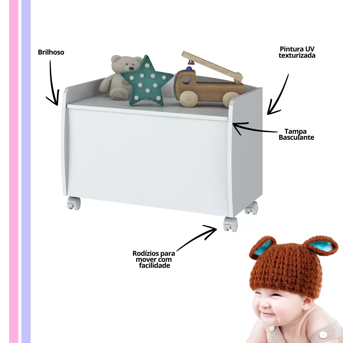 Baú para Brinquedos Multiuso com Rodinhas - Aquarela Branco
