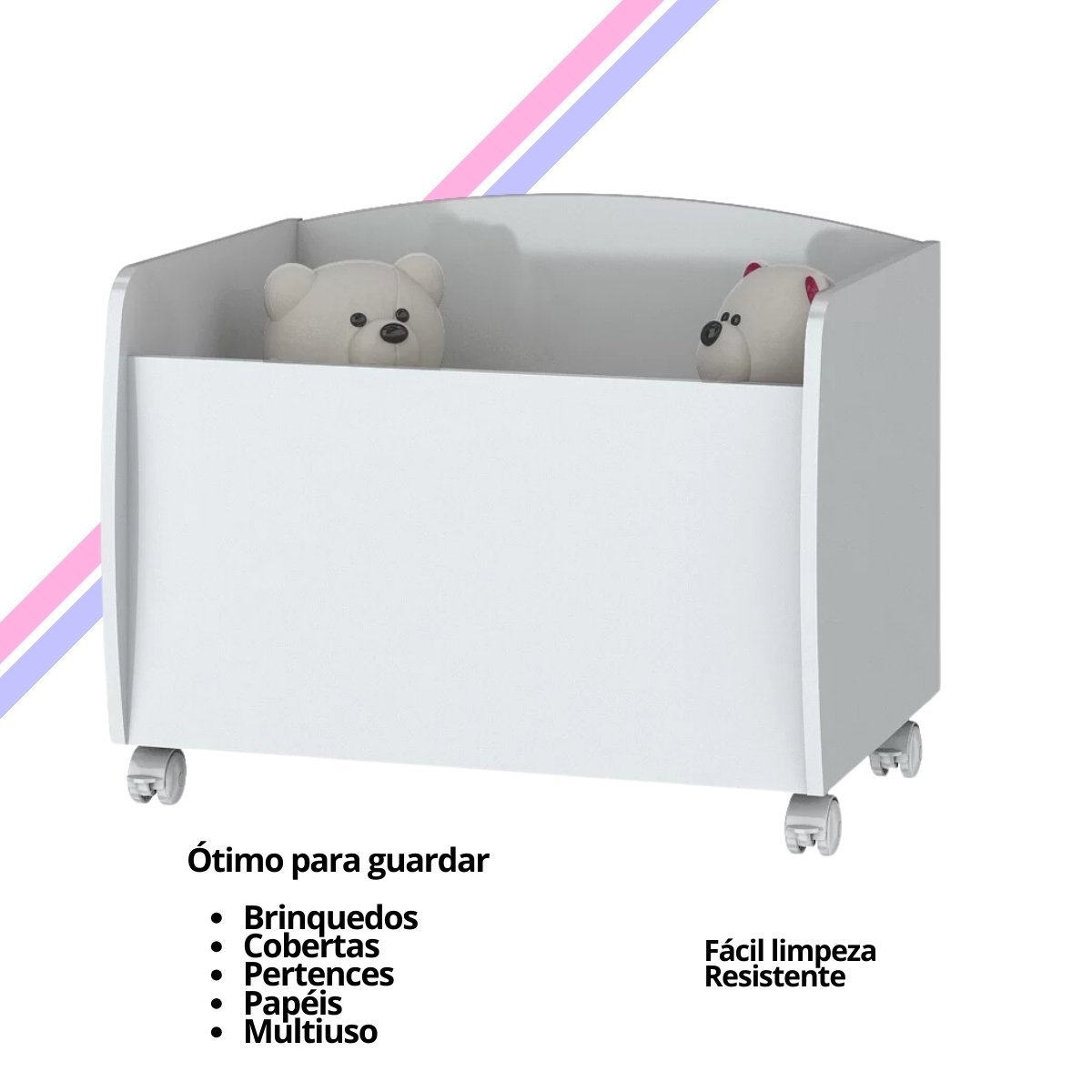 Baú para Brinquedos Multiuso com Rodinhas - Aquarela Branco