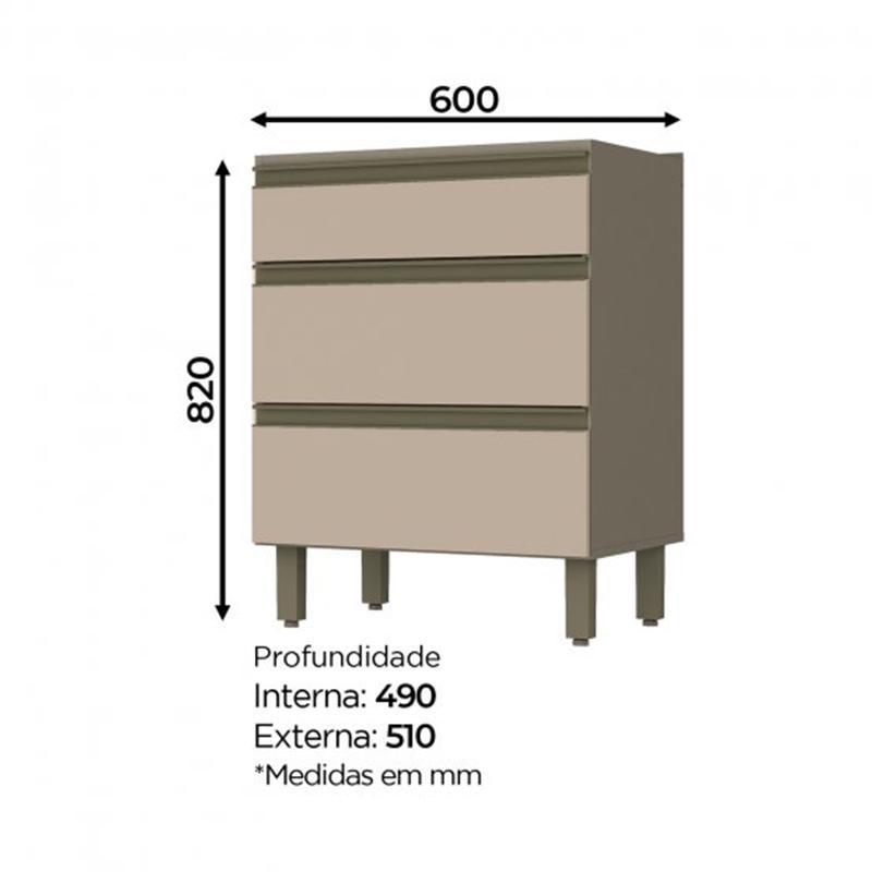 Balcão 3 Gavetas 60cm Duna/Cristal com Tampo Connect - Móveis Henn