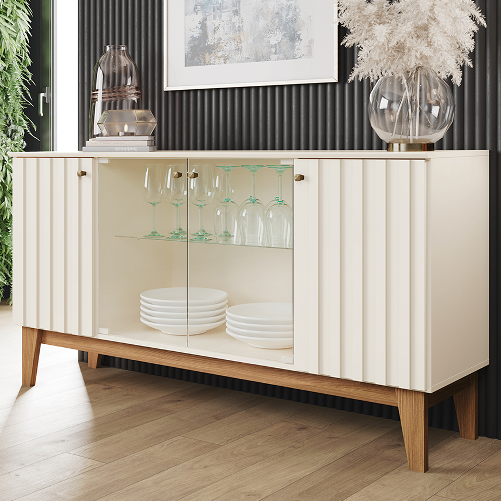 Balcão Buffet 4P Ripado e Vidro 150 cm Eiffel Off White Nature Henn
