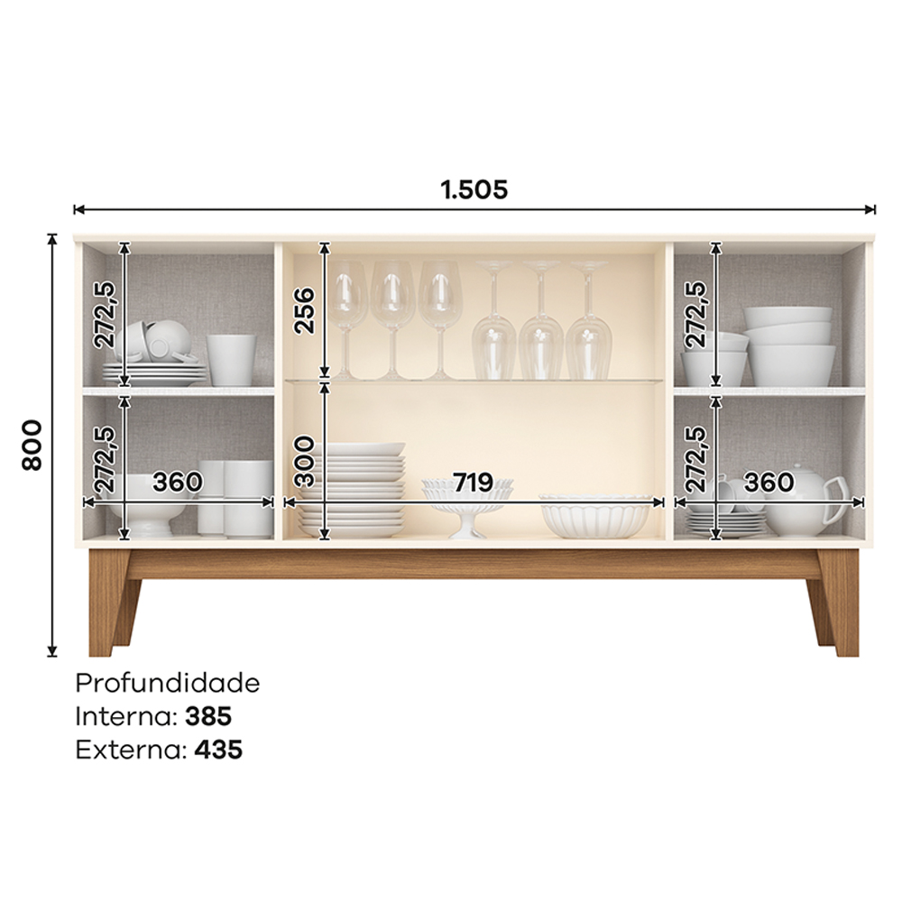 Balcão Buffet 4P Ripado e Vidro 150 cm Eiffel Off White Nature Henn