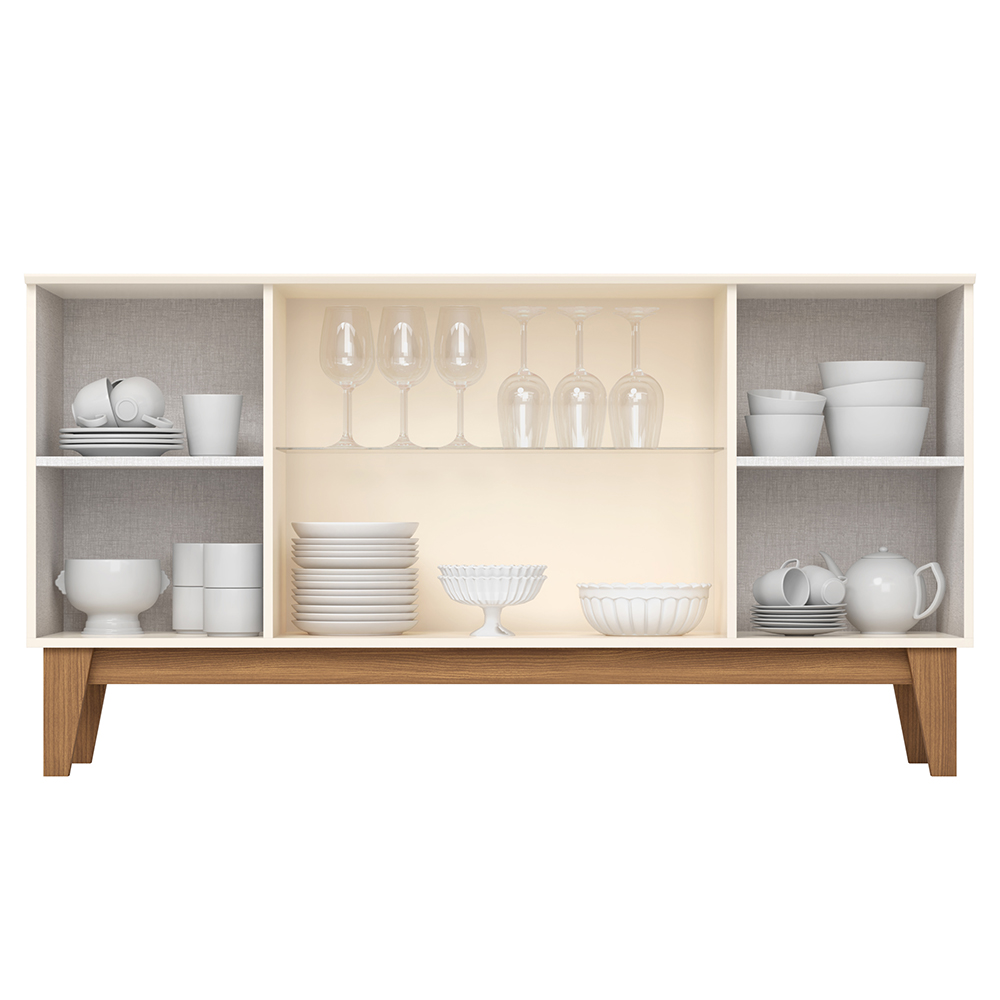 Balcão Buffet 4P Ripado e Vidro 150 cm Eiffel Off White Nature Henn