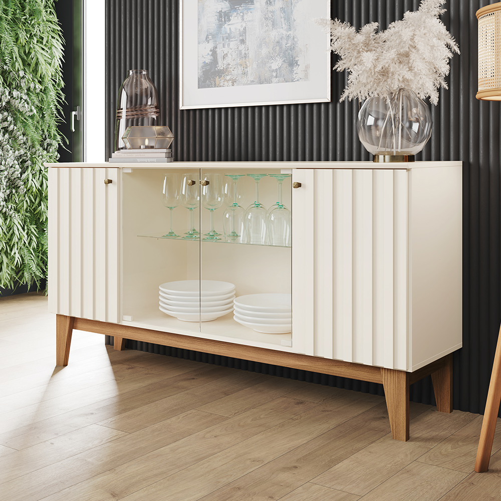 Balcão Buffet 4P Ripado e Vidro 150 cm Eiffel Off White Nature Henn