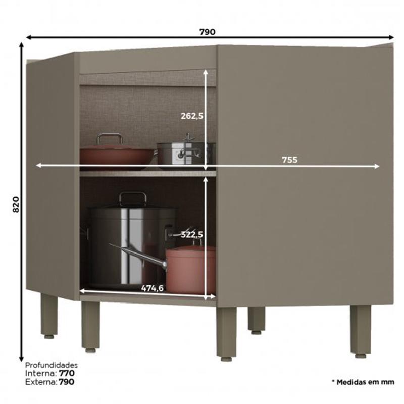 Balcão Canto Oblíquo 1 Porta com Tampo Connect Duna/Cristal - Móveis Henn