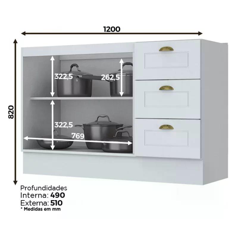Balcão Pia 2 Portas e 3 Gavetas 120cm Americana Branco - Móveis Henn