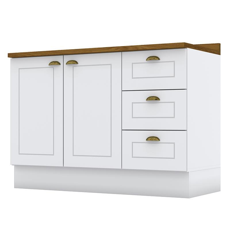 Balcão Pia 2 Portas e 3 Gavetas 120cm Americana Branco com Tampo Nature - Móveis Henn
