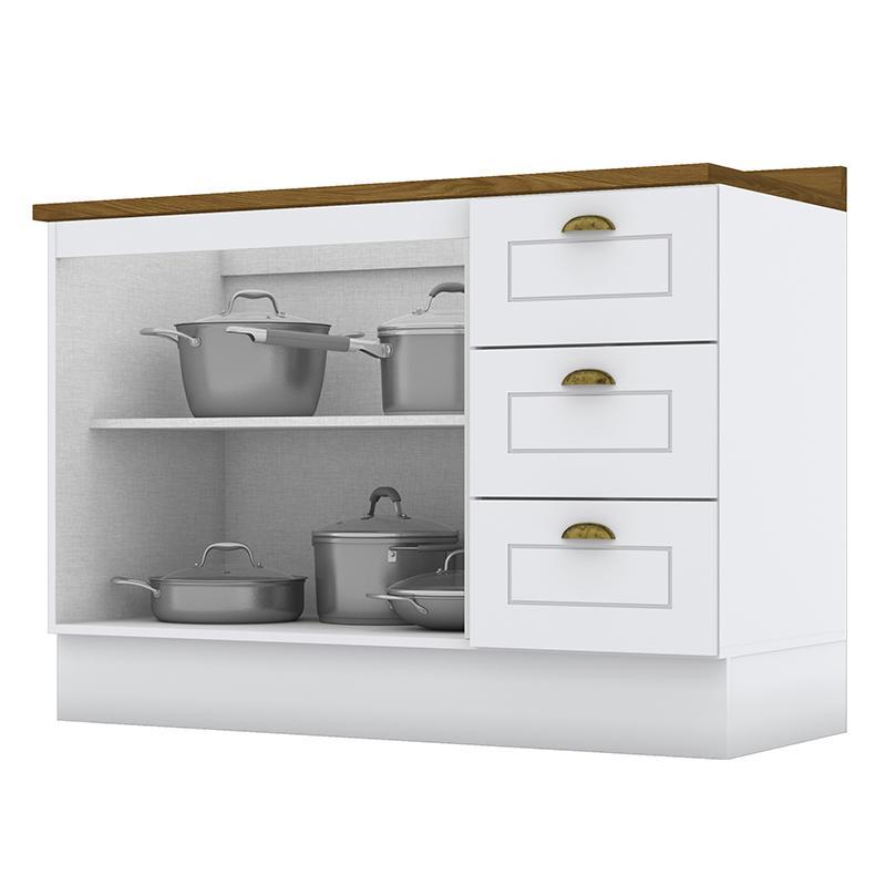 Balcão Pia 2 Portas e 3 Gavetas 120cm Americana Branco com Tampo Nature - Móveis Henn