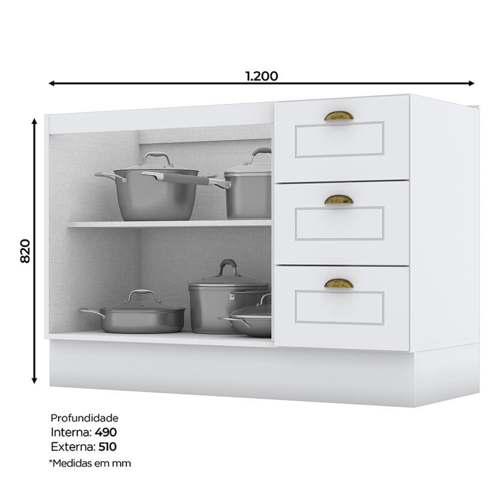 Balcão Pia 2 Portas e 3 Gavetas 120cm Americana Branco com Tampo Nature - Móveis Henn
