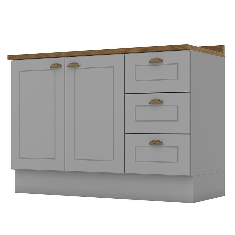 Balcão Pia 2 Portas e 3 Gavetas 120cm Americana Cinza com Tampo Nature - Móveis Henn