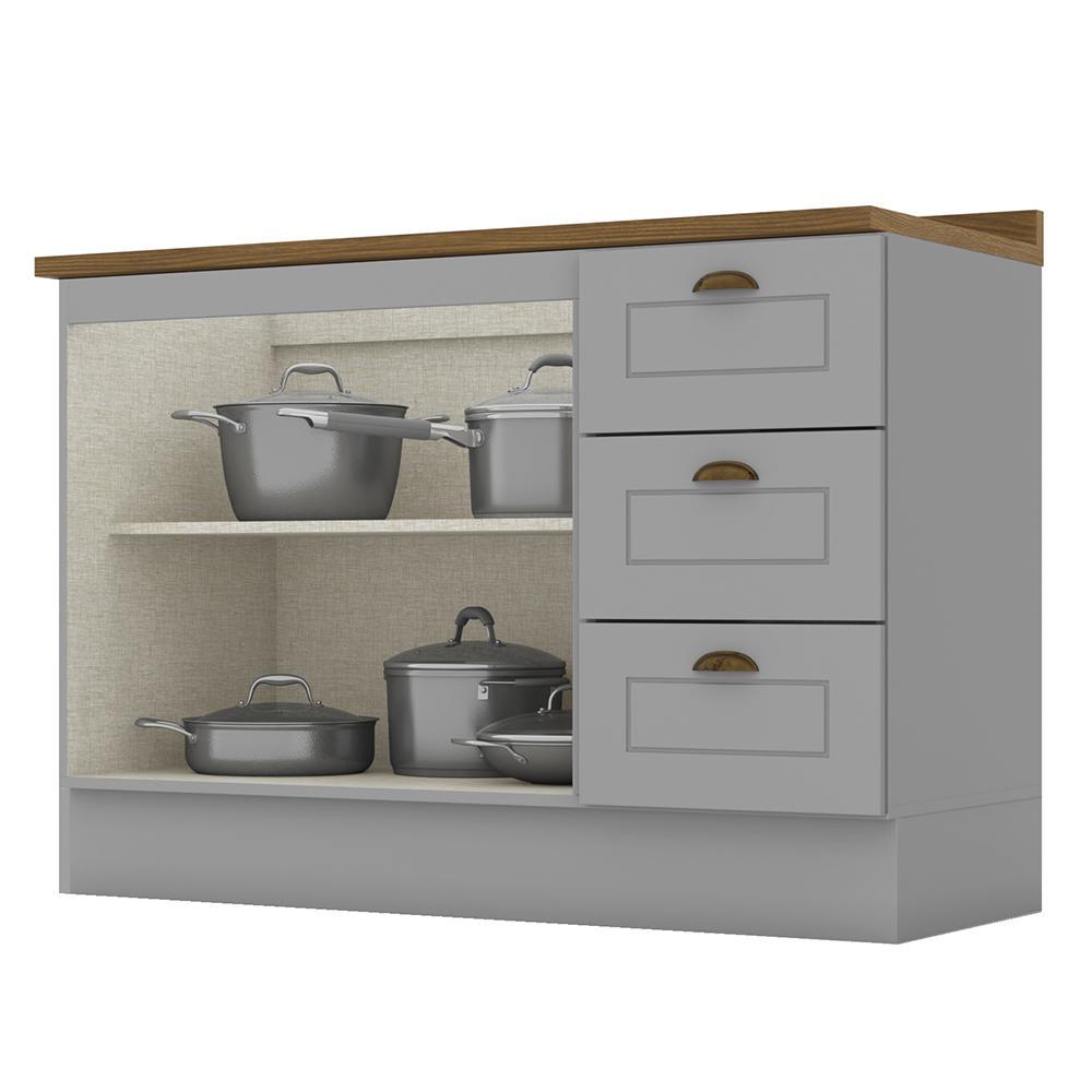 Balcão Pia 2 Portas e 3 Gavetas 120cm Americana Cinza com Tampo Nature - Móveis Henn