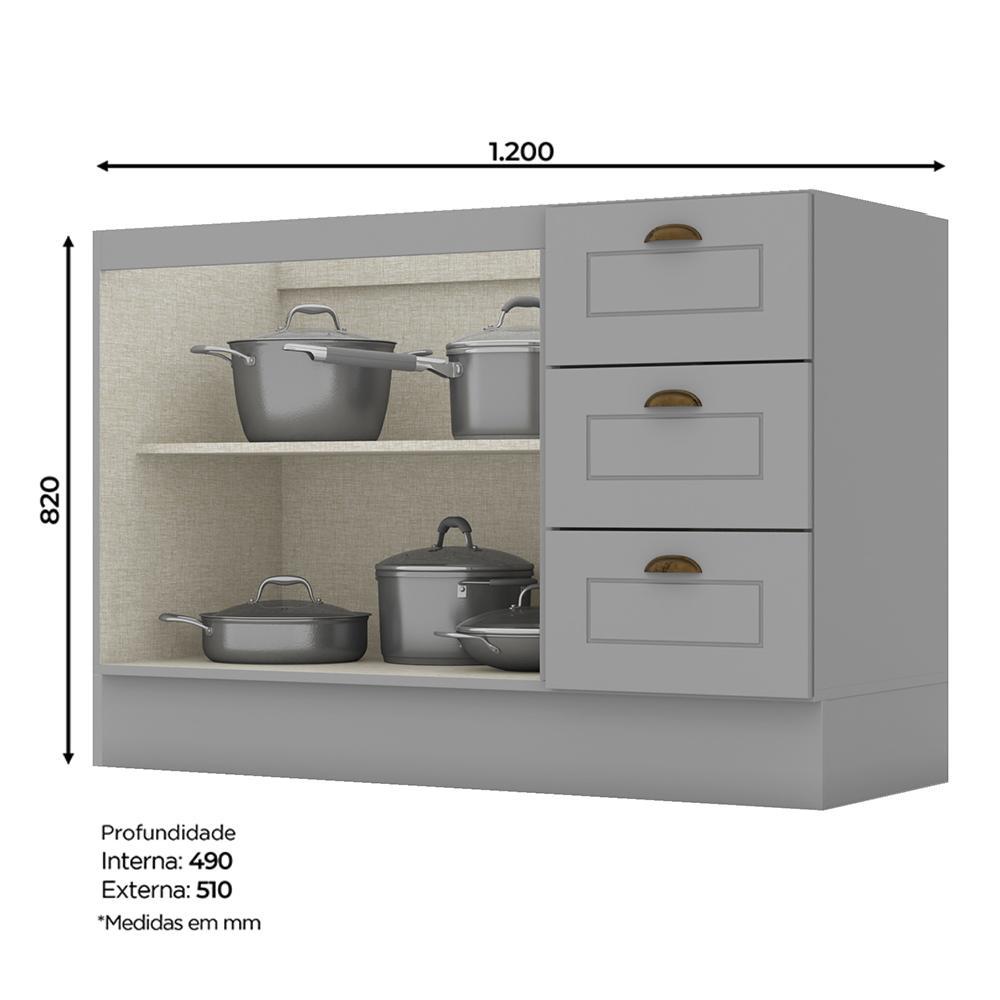 Balcão Pia 2 Portas e 3 Gavetas 120cm Americana Cinza com Tampo Nature - Móveis Henn